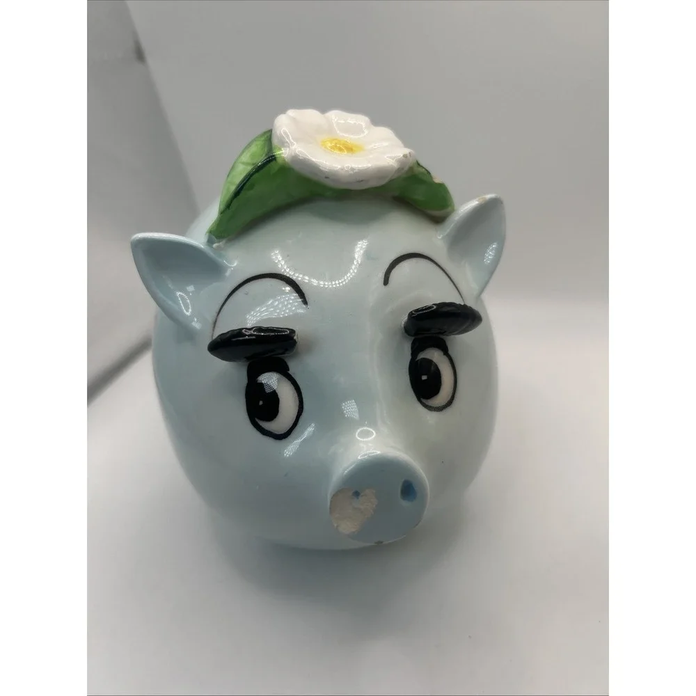 Ceramic Anthropomorphic Blue Piggy Bank Daisy Flower Long Eyelashes Vintage
